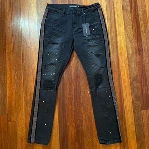 Men’s Sz. “32 Blk, Rip & Repair Denim w/ Rhinestone Taping. Premium Denim